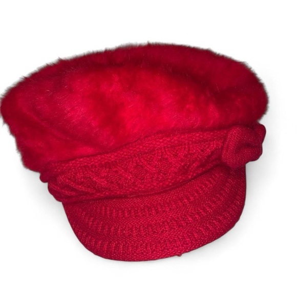 Vintage Y2K Red Fuzzy angora cadet cabbie new boy Cap with knit Bow and bill main image 4